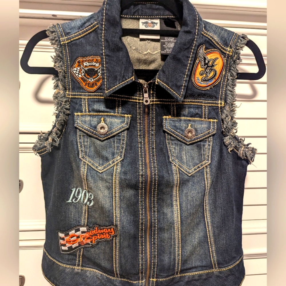 Women's Harley Davidson Jean Denim Biker Vest Jacket Zip up w/patches sz M